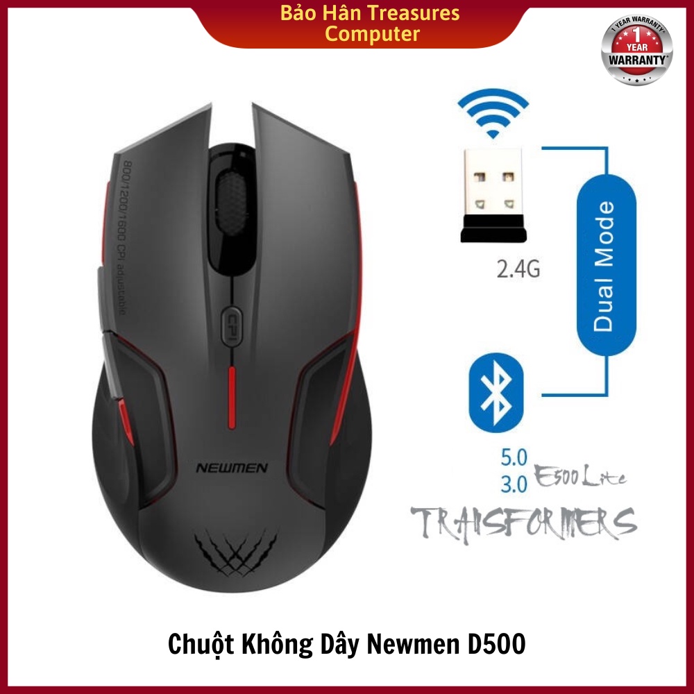 Chuột không dây Newmen D500 2 chế độ kết nối Bluetooth 5.0 và 2.4Ghz - Hàng Chính Hãng