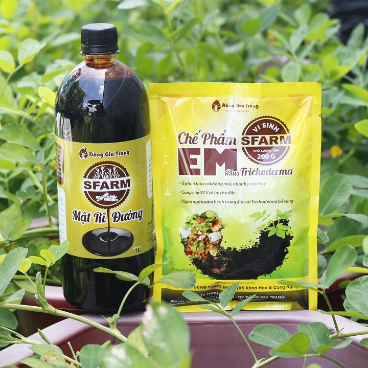 Combo 1 Túi Chế Phẩm EM Sfarm 200gr và 2 Chai Mật Rỉ Đường Sfarm 1lít - Cặp Đôi Ủ Rác Sinh Học Không Mùi