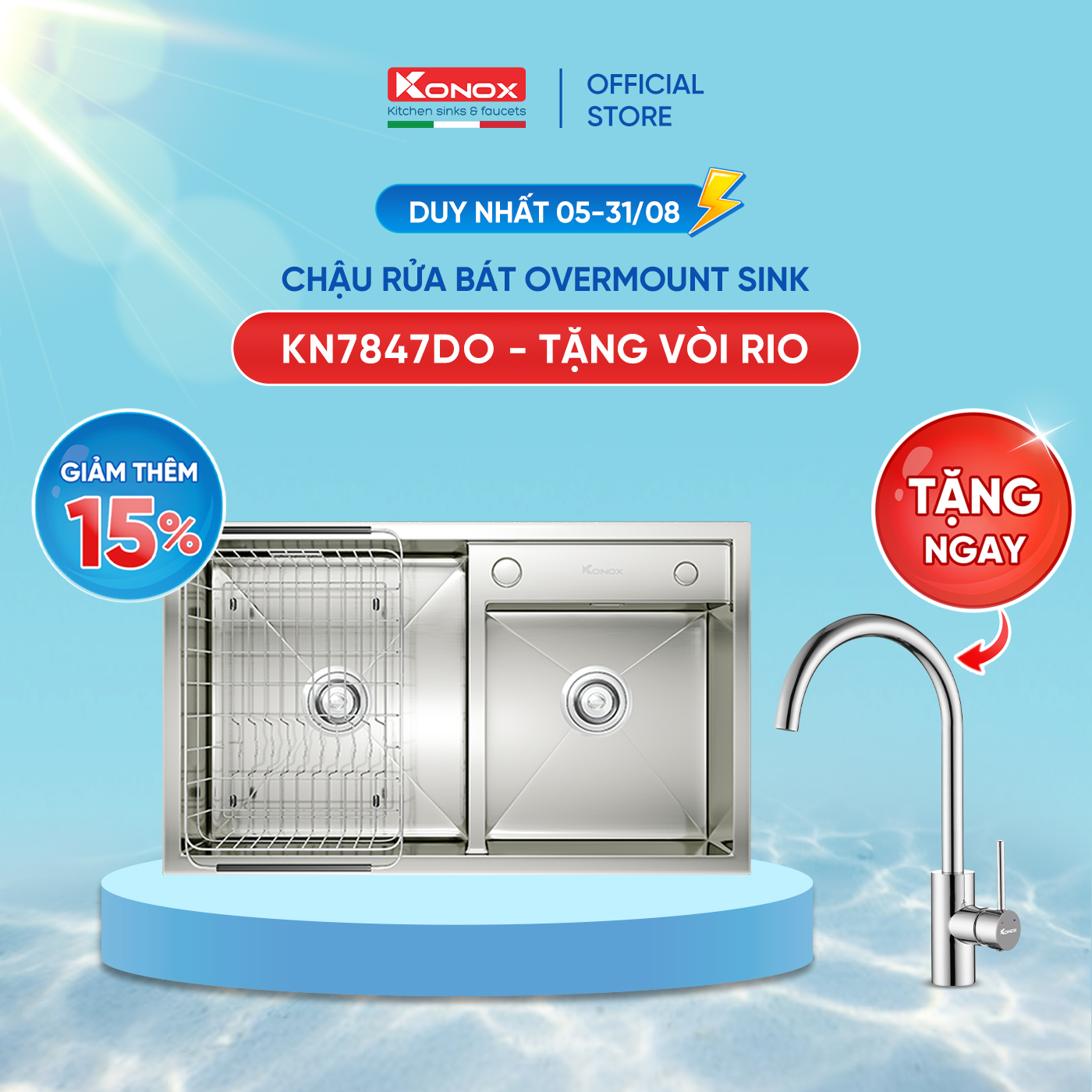 [Combo Siêu ưu đãi] Mua chậu rửa bát Overmount KN7847DO TẶNG vòi rửa bát nóng lạnh RIO