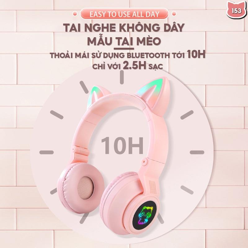 Tai Nghe Bluetooth Tai Mèo Sắc Màu Dùng Được Mọi Thiết Bị Dung Lượng Pin Siêu Khủng 153