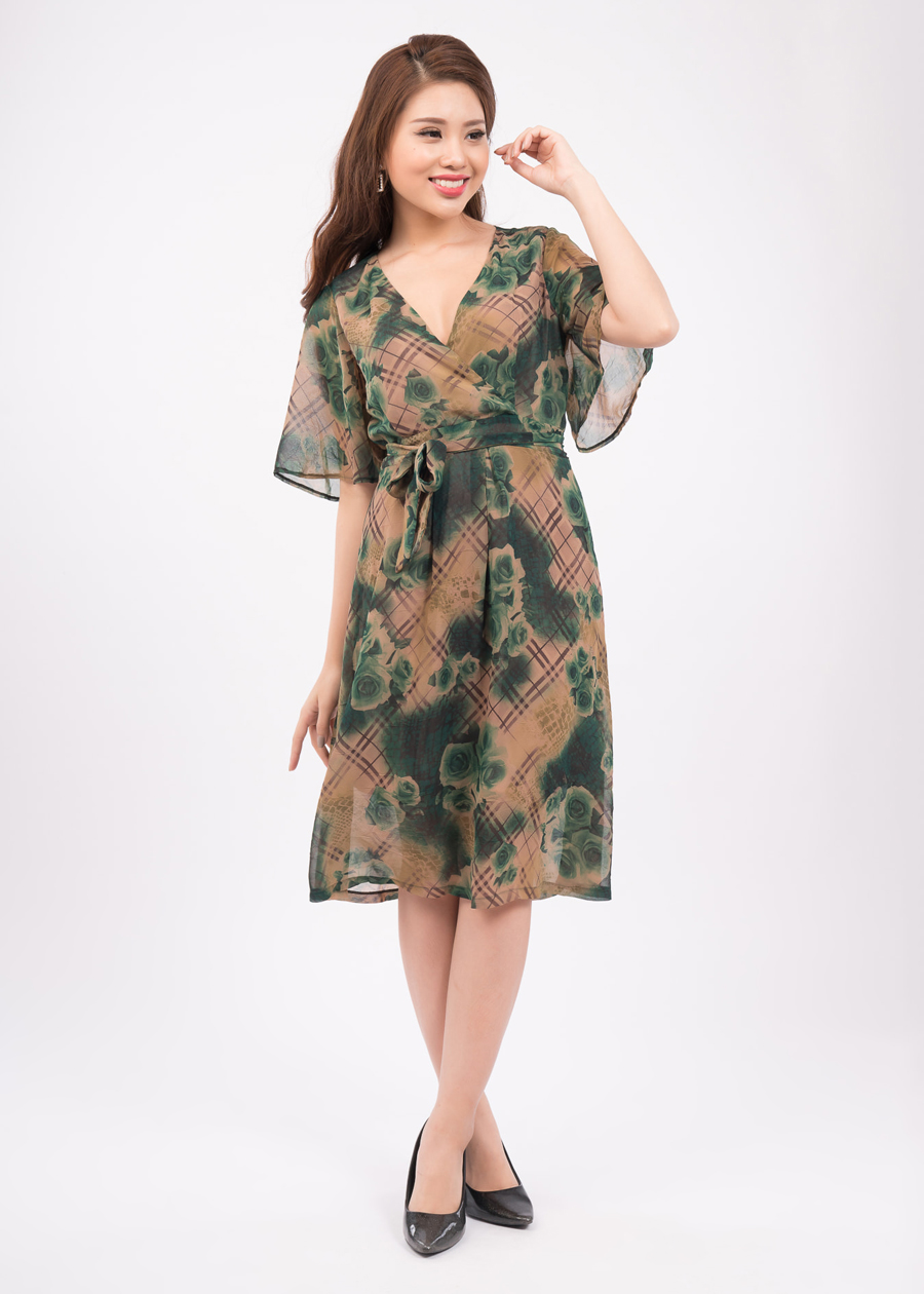 Đầm Xòe Cổ Tim Đắp Chéo Thắt Nơ Eo Hoa Xanh - Zerasy Fashion - MS 2019013