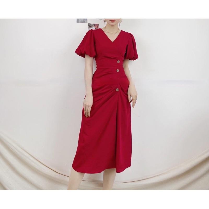 Đầm tay bồng cổ V 4 nút siêu xinh TKN