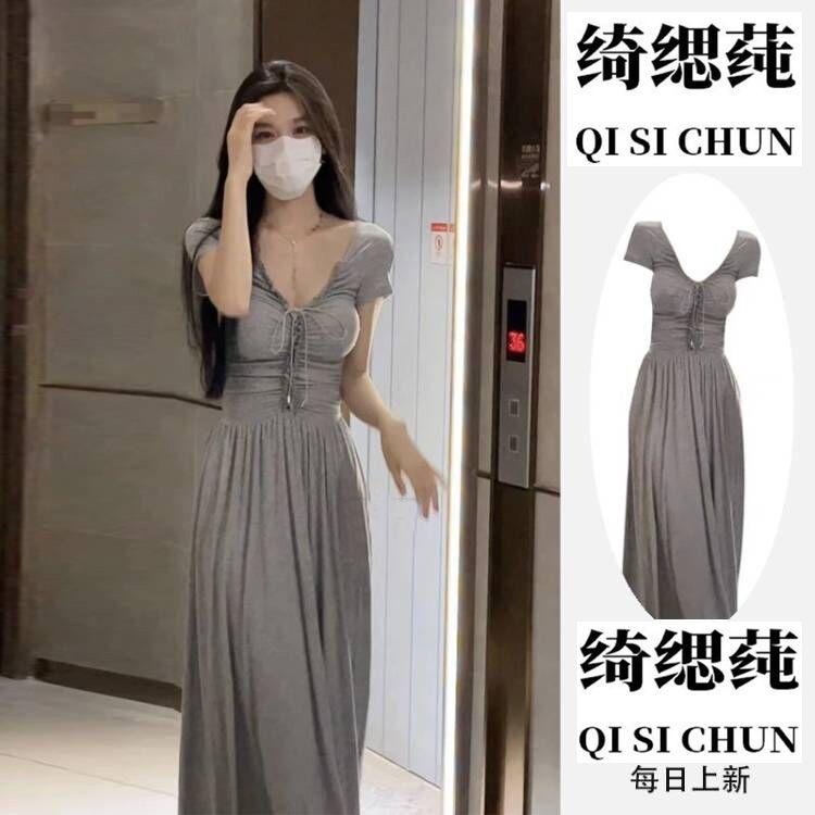 DIYIWEI Phong cách Pháp, thắt lưng, tay áo ngắn, váy cổ chữ V, váy dài mùa hè đơn giản, cao cấp.