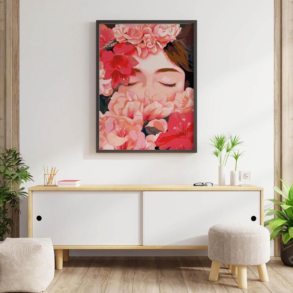 Tranh số hóa Cô gái hoa đỏ đã căng khung 40x50cm