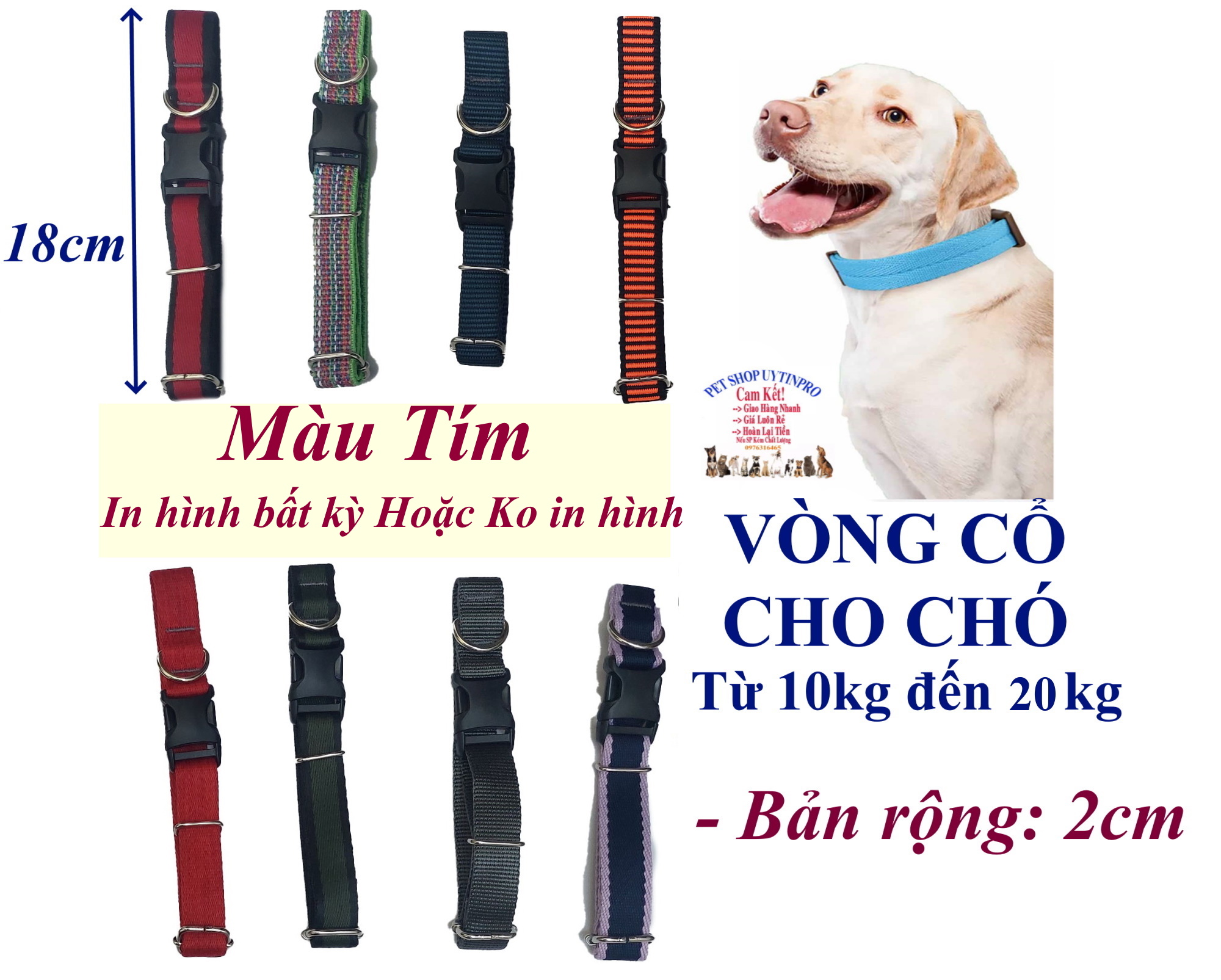 Vòng cổ cho Chó từ 10kg đến 20kg Bản rộng 2cm Chất liệu dù cao cấp, Chắc chắn, An toàn cho thú cưng