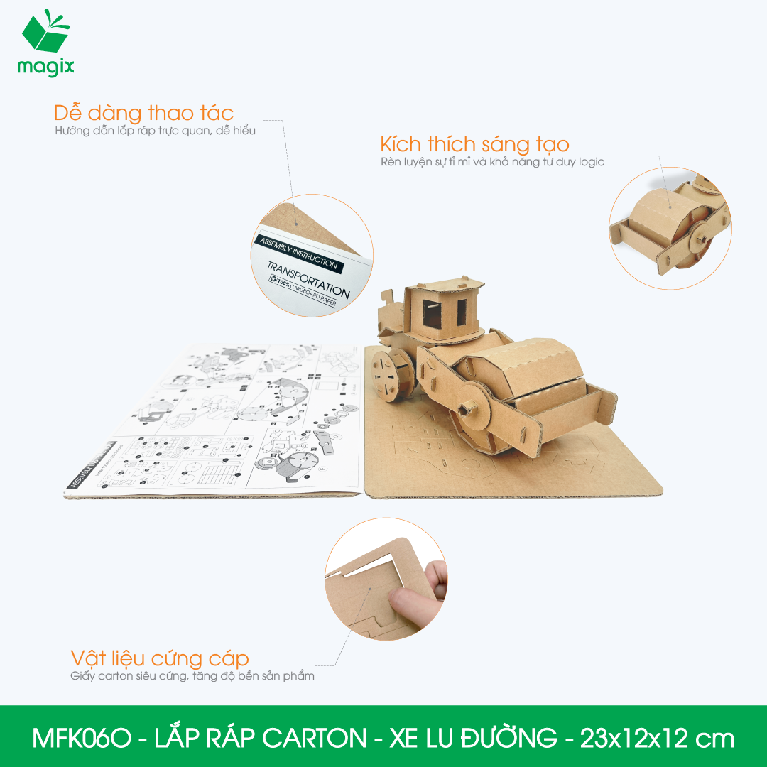 MFK06O - Xe nén đất, đầm đất - 23x12x12 cm - Đồ chơi lắp ráp mô hình từ bìa carton cứng cao cấp