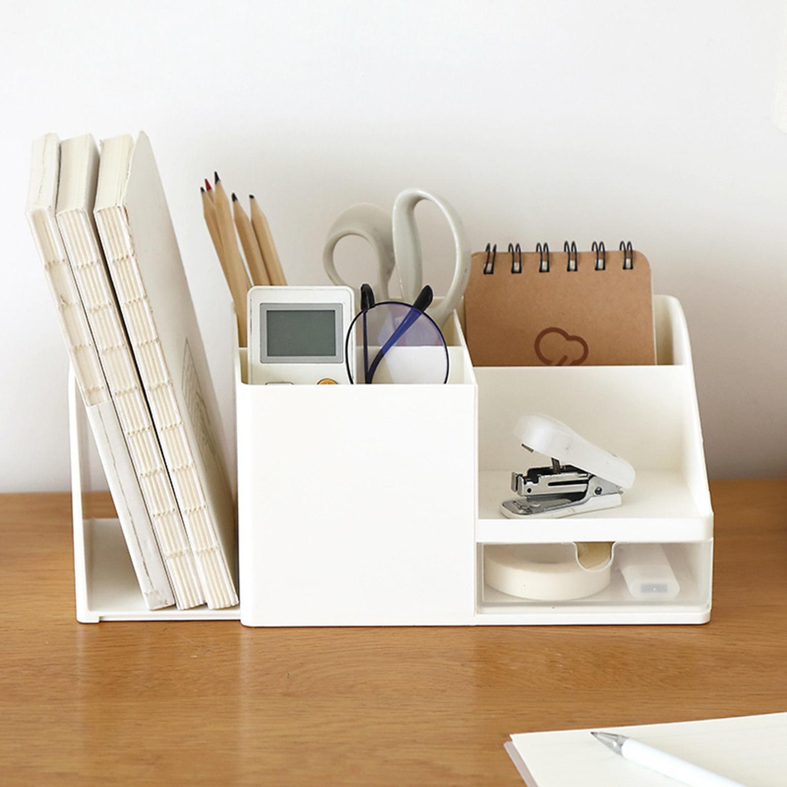 Plastic Desk Organizer 6 Compartments with Pen Holder, Drawer and Book Stand for Home Office and School