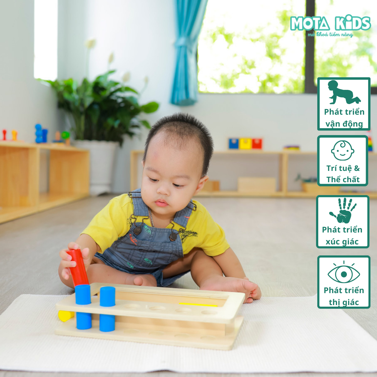 Đồ chơi hộp thả khối trụ màu cho bé từ 12-15 tháng Montessori Mota- Tăng cường kỹ năng vận động đôi tay- Hàng chính hãng