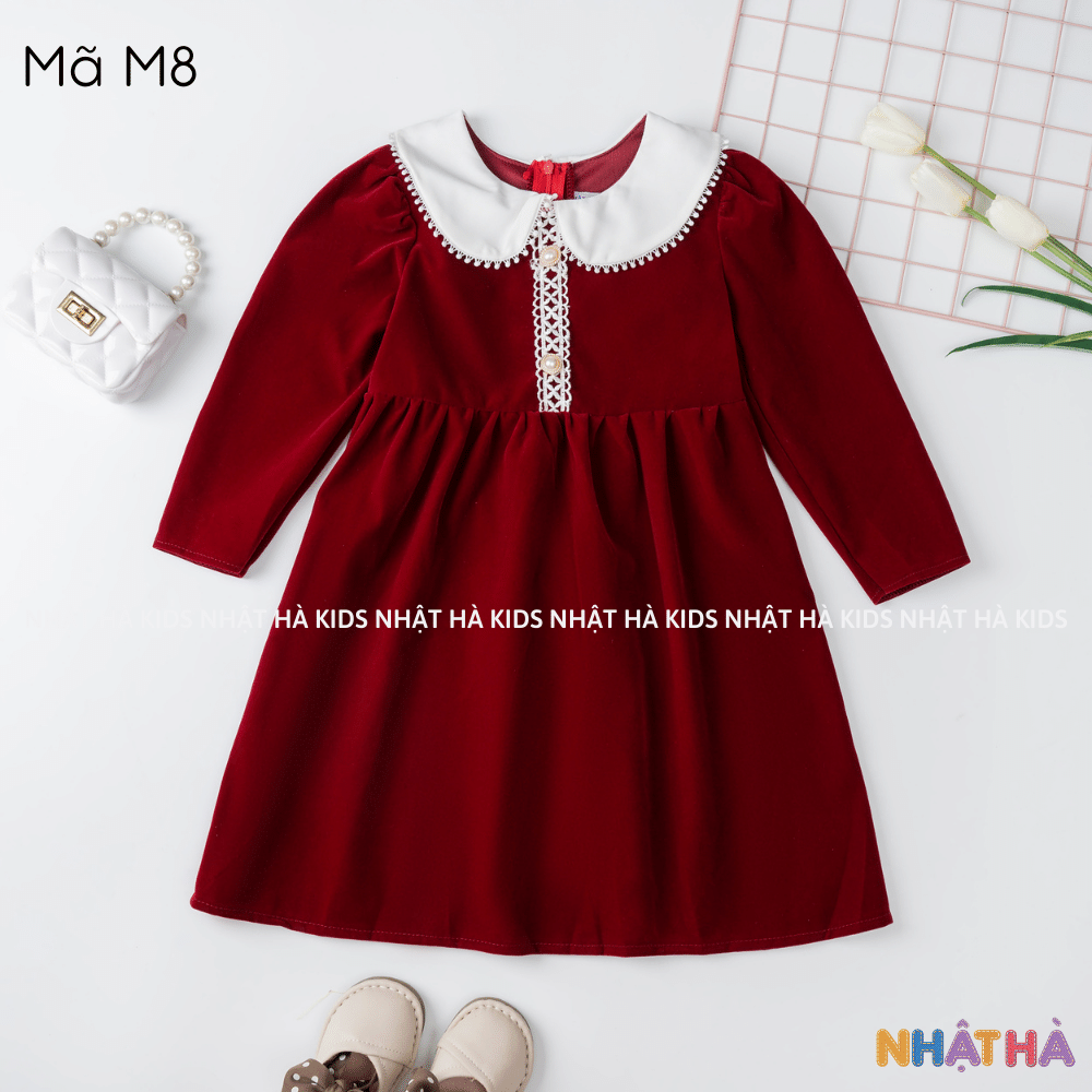 Váy đỏ cho bé gái M8 chát liêu nhung tuyết cổ điệu size đại 11-45kg cho bé