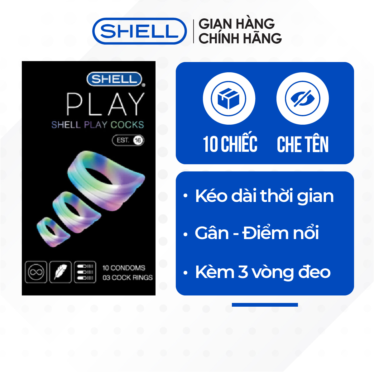 [Hộp 10 cái] Bao cao su Shell Play Cocks 6 tính năng