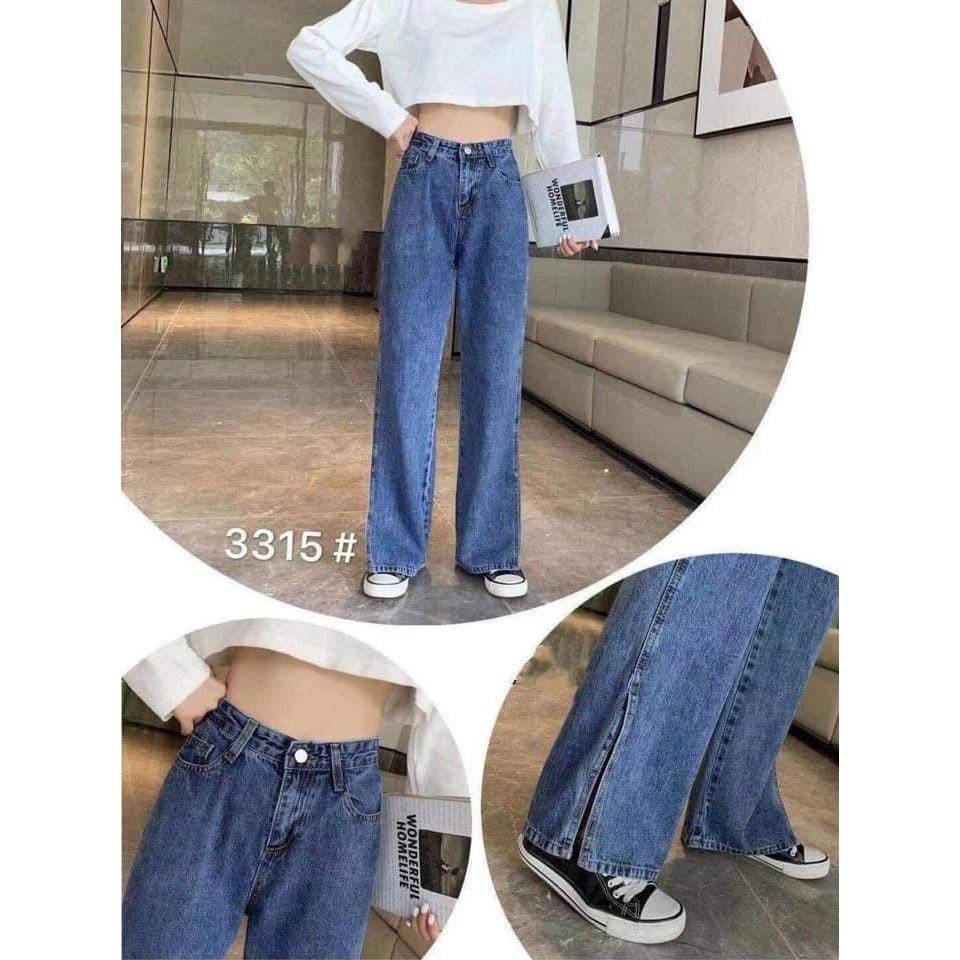 Quần bò ống rộng xẻ gấu sườn quần jean ống xuông cạp khóa chất jean đẹp cho nữ thời trang Banamo Fashion 962