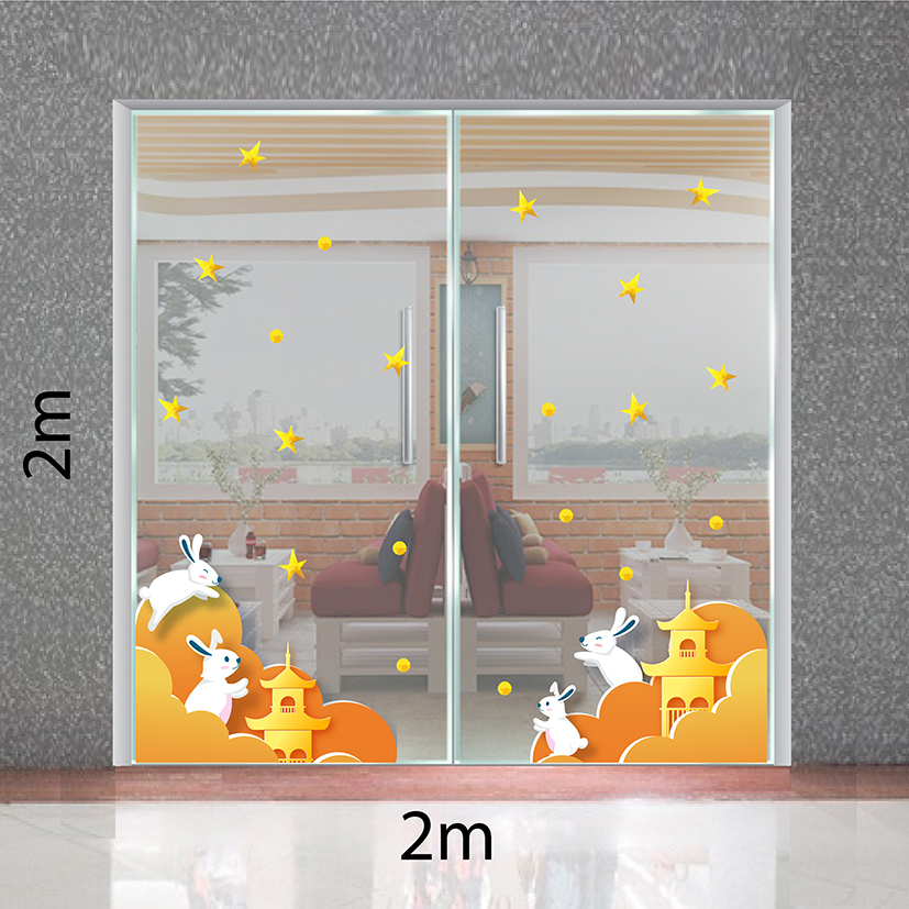 Decal trang trí trung thu 2021 chân tường thỏ trắng vui đùa