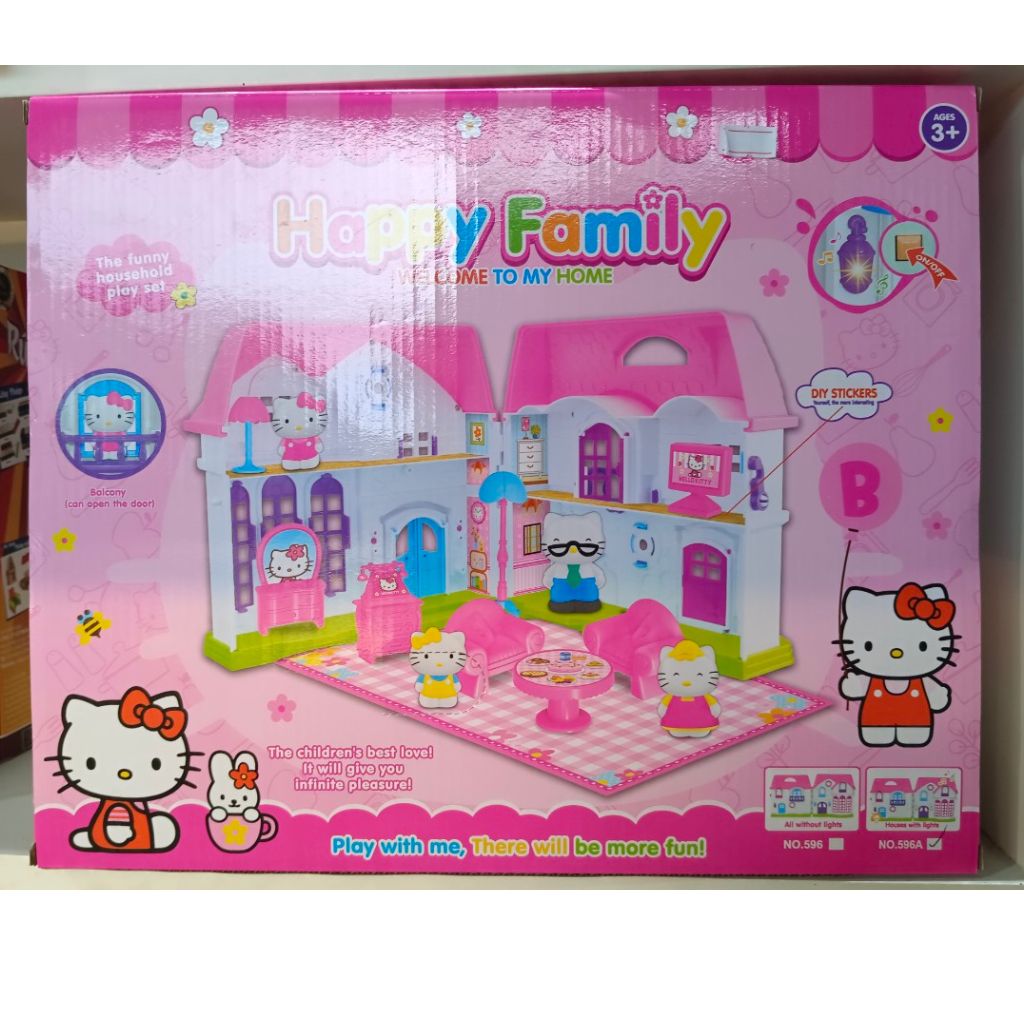 Ngôi nhà đồ chơi kitty- Bộ sp gồm: Nhà, bàn ghế, điện thoại, đèn ngủ cùng gia đình 4 mèo Kitty