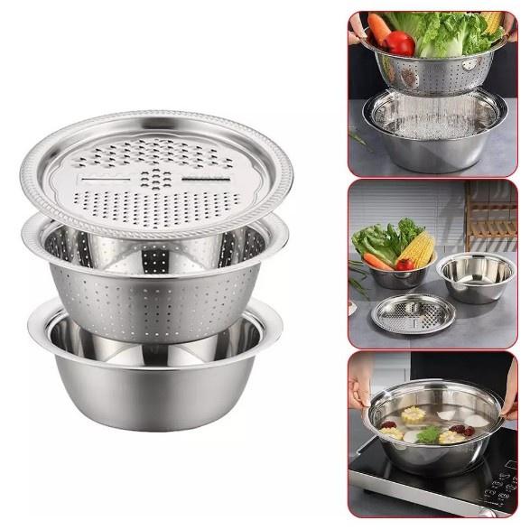 BỘ RỔ 3 MÓN INOX BÀO HOA QUẢ- NẠO RAU CỦ 26 CM