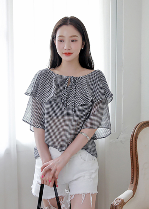 Áo Blouse Xuyên Thấu Cổ Diềm Kẻ Caro Freesize