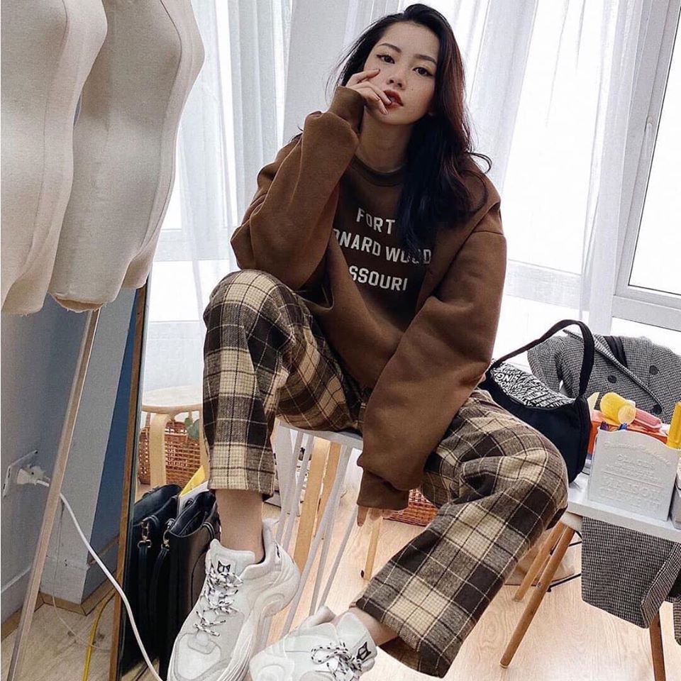 Q002 Quần ống rộng thô đũi caro cạp chun lưng cao cute, quần culottes ống suông dài karo vintage retro unisex Hàn Quốc