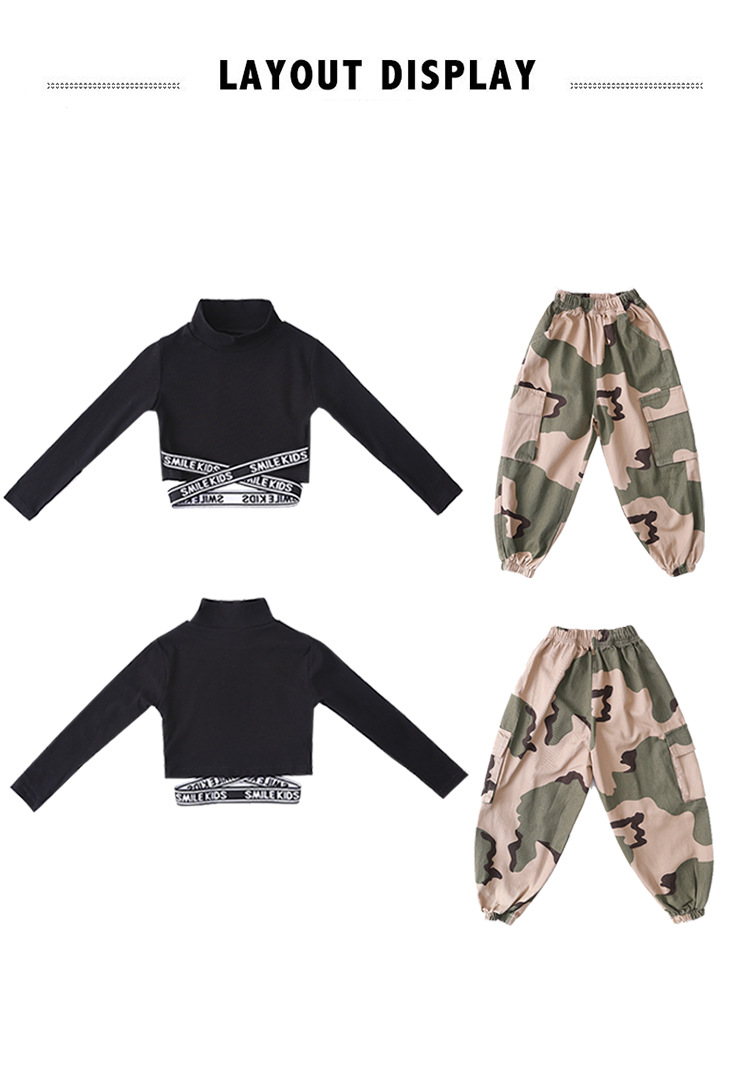 Thời trang trẻ em | Bộ nhảy trẻ em áo crop đen tay dài và quần jogger túi hộp camo