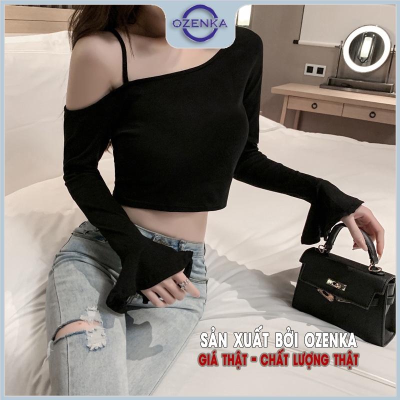 Áo croptop trễ vai tay xoè dài nữ OZENKA , áo crt kiểu cổ rộng chất thun gân mềm mịn mát 100% cotton đen trắng