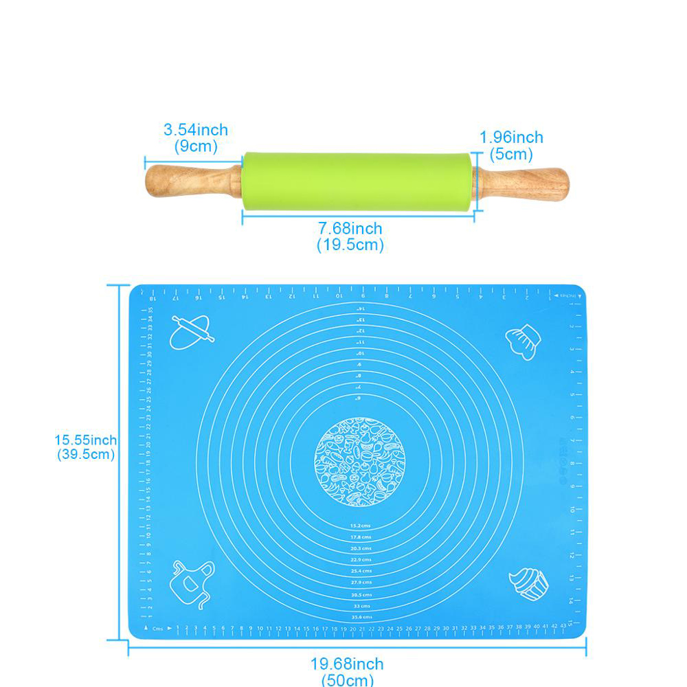 Combo Tấm Lót Nhào Bột Chống Dính SIlicon 40*50cm Và Cán Lăn Bột Silicon 38cm