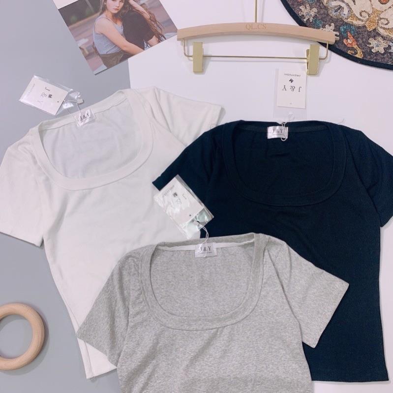Áo thun nữ cổ U áo phông nữ cộc tay 3 màu đen trắng xám cho nữ chất cotton mềm mịn thời trang Banamo Fashion 314