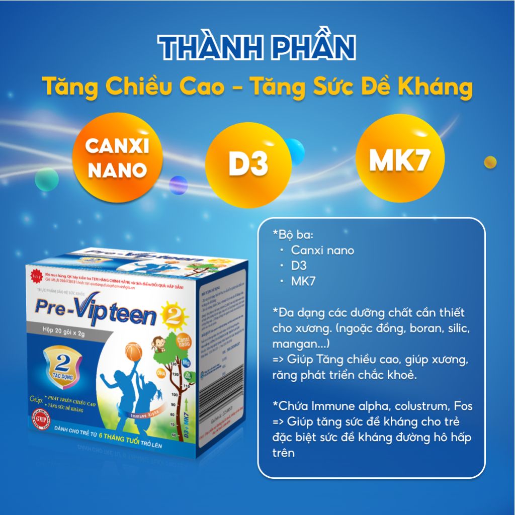 Pre-Vipteen 2 Giúp Tăng Chiều Cao,Tăng Sức Đề Kháng Cho Trẻ Từ 6 Tháng Tuổi [Combo 1 Tặng 1] Áp dụng Lô HSD Tháng 1/2025