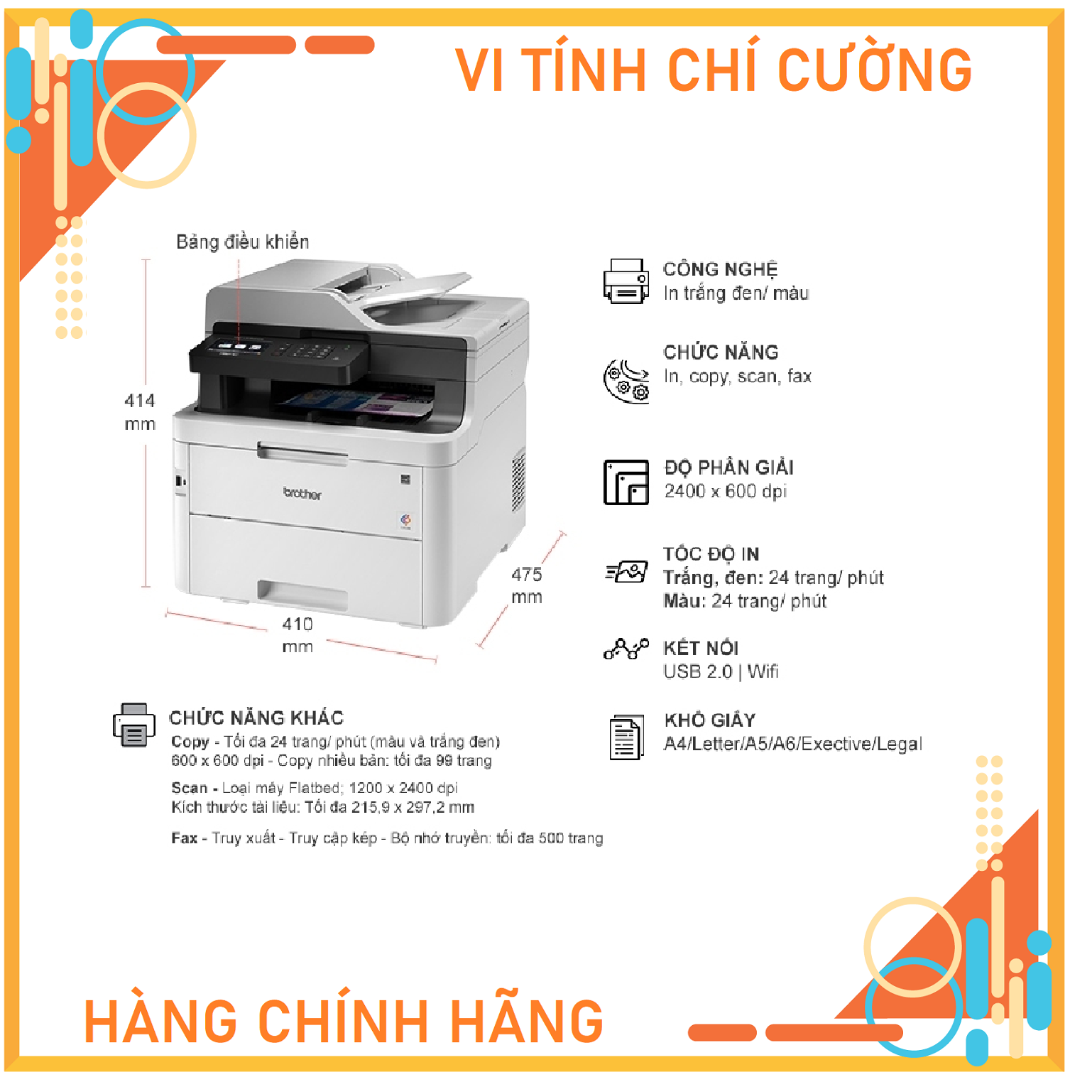 Máy in Laser màu đa chức năng Brother MFC-L3750CDW ( In/Scan/Copy/Fax/Wifi ) - Hàng Chính Hãng