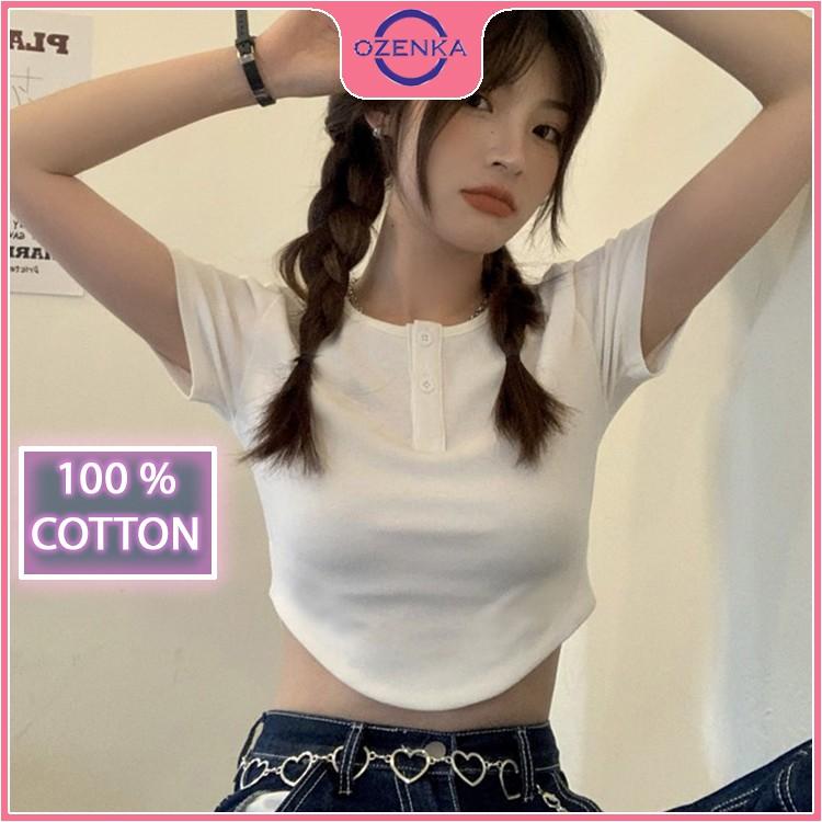 Áo croptop nữ cổ tròn khoét eo , áo thun nữ kiểu crt ôm body tay ngắn thun gân 100% cotton màu đen trắng ghi hồng