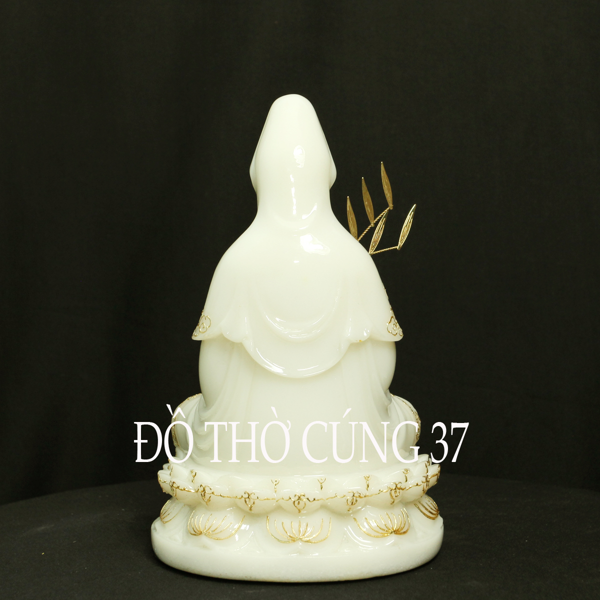 [ Cao 20 cm , màu kem vàng + xanh ] Tượng Quan Âm Tọa Đài Sen Chất Liệu Bột Đá + composite