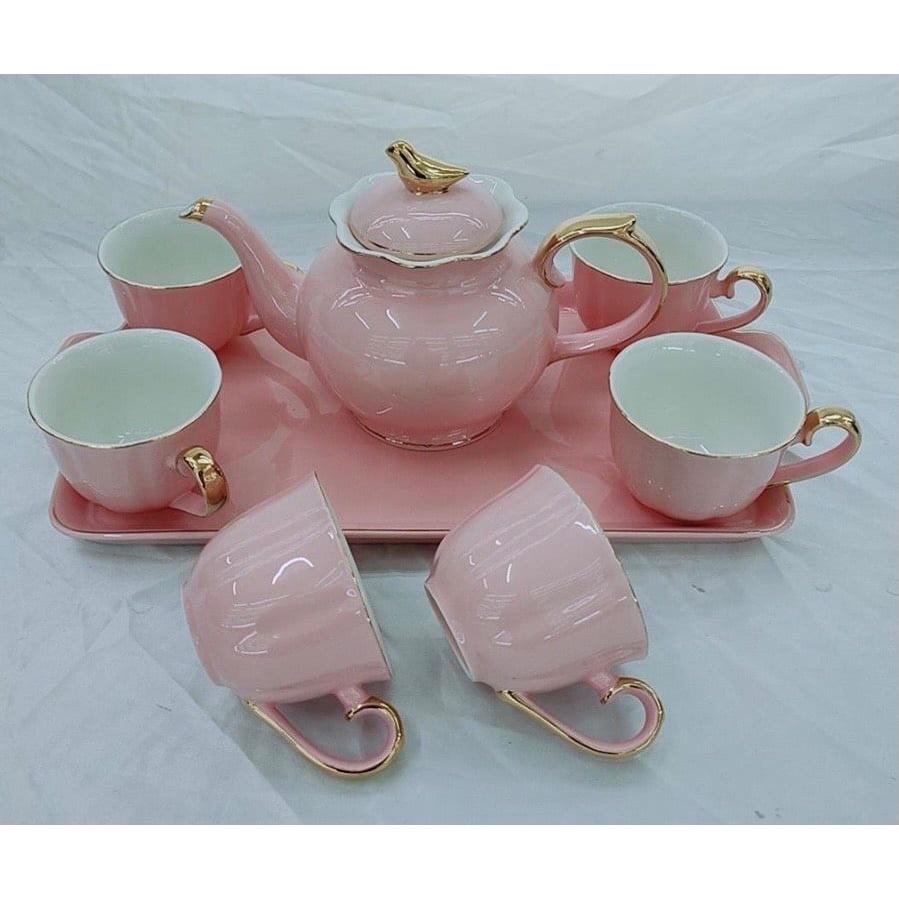 BỘ ẤM CHÉN KÈM KHAY SỨ XƯƠNG CAO CẤP NẮP ẤM NÚM HÌNH CHIM MÀU HỒNG