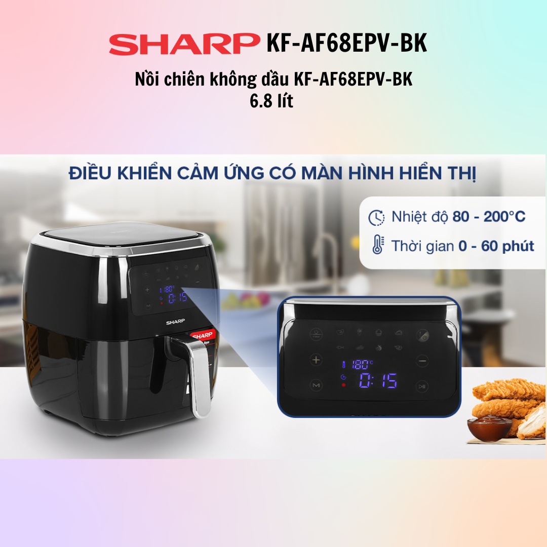 Nồi chiên không dầu Sharp KF-AF68EPV-BK 6.8 lít (điều khiển cảm ứng)  / Nồi chiên không dầu Sharp KF-AF60EV-BK 6 lít  (điều khiển cảm ứng, núm vặn) - Hàng Chính Hãng - Bảo Hành 12 Tháng