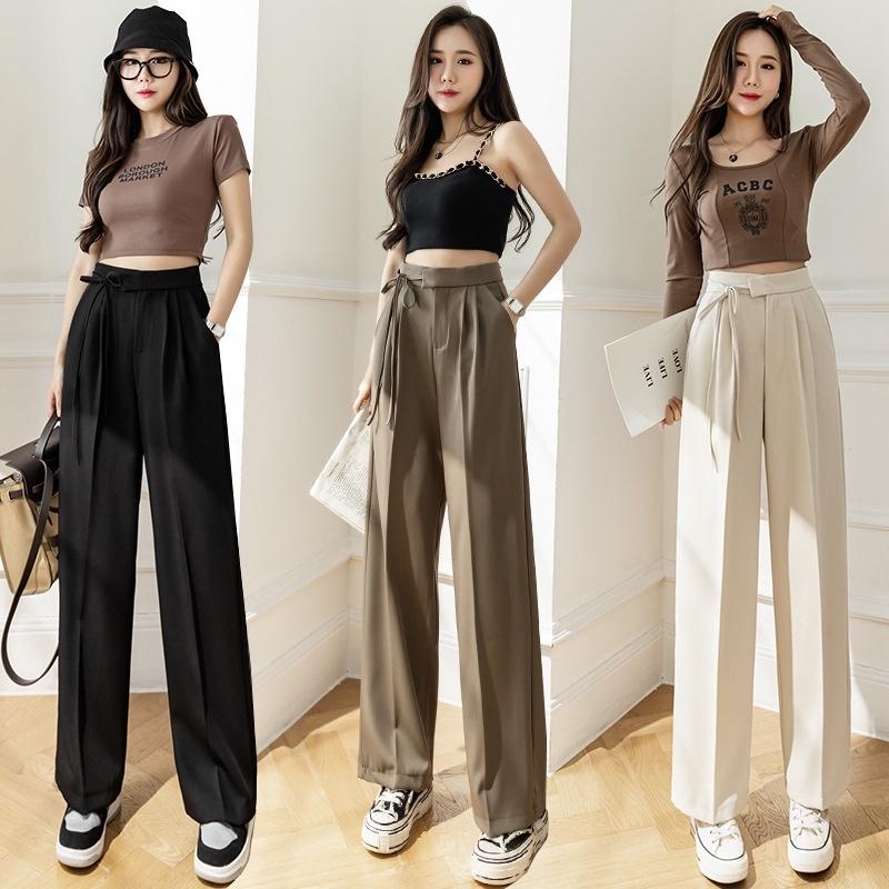 Quần ống rộng nữ lưng cao thắt dây nơ 1 bên culottes ống suông dài màu đen nâu kem mặc đi học làm cực đẹp - Kanimi