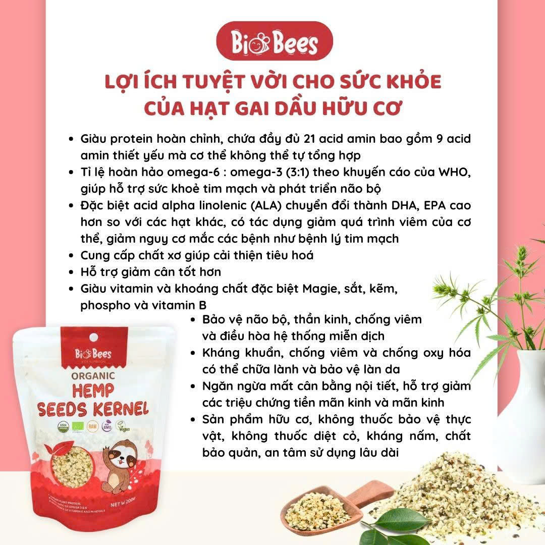 Hạt Gai Hữu Cơ Đã Tách Vỏ BioBees 200g - Giàu Omega 3-6, Protein Thực Vật, Tốt Cho Tim Mạch &amp; Não Bộ