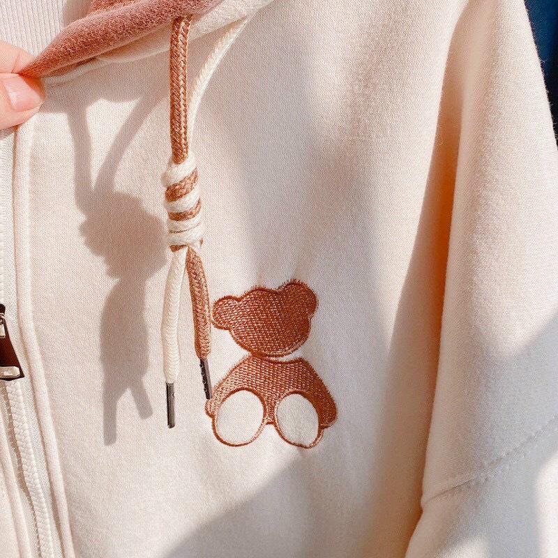 Áo Hoodie Nỉ Bông 2 NÓN THÊU GẤU Form Rộng FREE SIZE Unisex Ulzzang, Áo khoác hodie form rộng(có ảnh thật) có khoá kéo, Áo khoác nỉ ngoại chống nắng