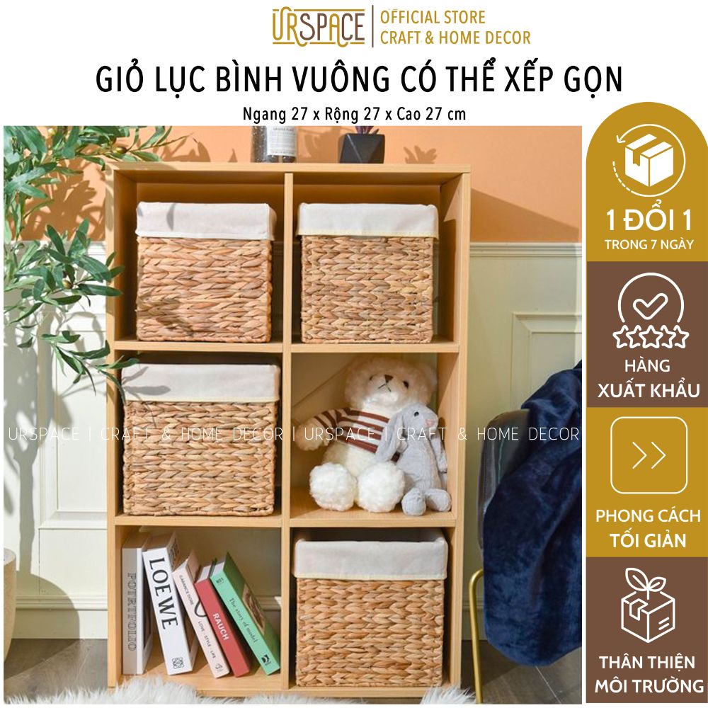 Sọt lục bình có áo vải URSPACE đựng quần áo, sách báo, giỏ trồng cây hình vuông có thể gấp gọn / HYACINTH FOLDING BASKET SIZE 27