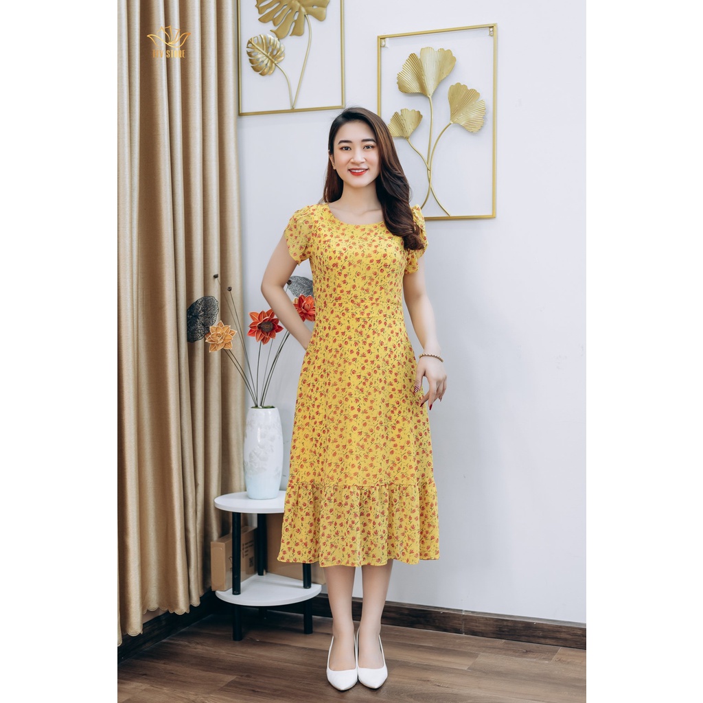Đầm form A trung niên TTV1218 TTV Store Cổ tròn tay búp đi chơi đi tiệc Vàng hoa đỏ sang trọng