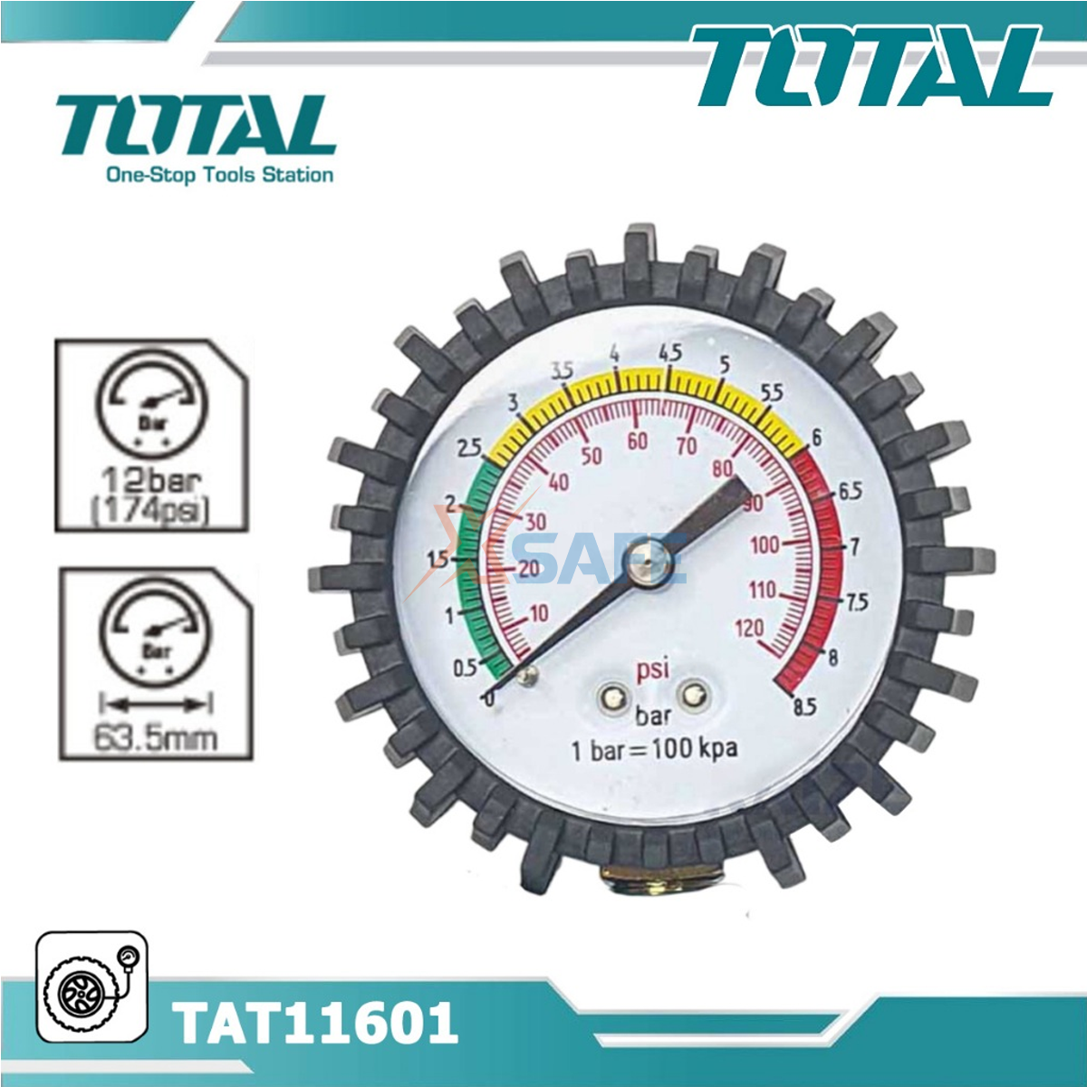 Súng bơm hơi lốp xe dùng khí nén TOTAL TAT11601 có đồng hồ đo áp suất, nhiều đầu nối tiện lợi, áp suất tối đa 320PSI