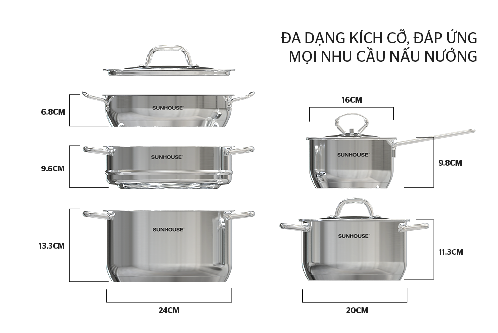 Bộ nồi chảo inox 5 đáy Sunhouse SHG995 dùng cho mọi loại bếp - Hàng chính hãng