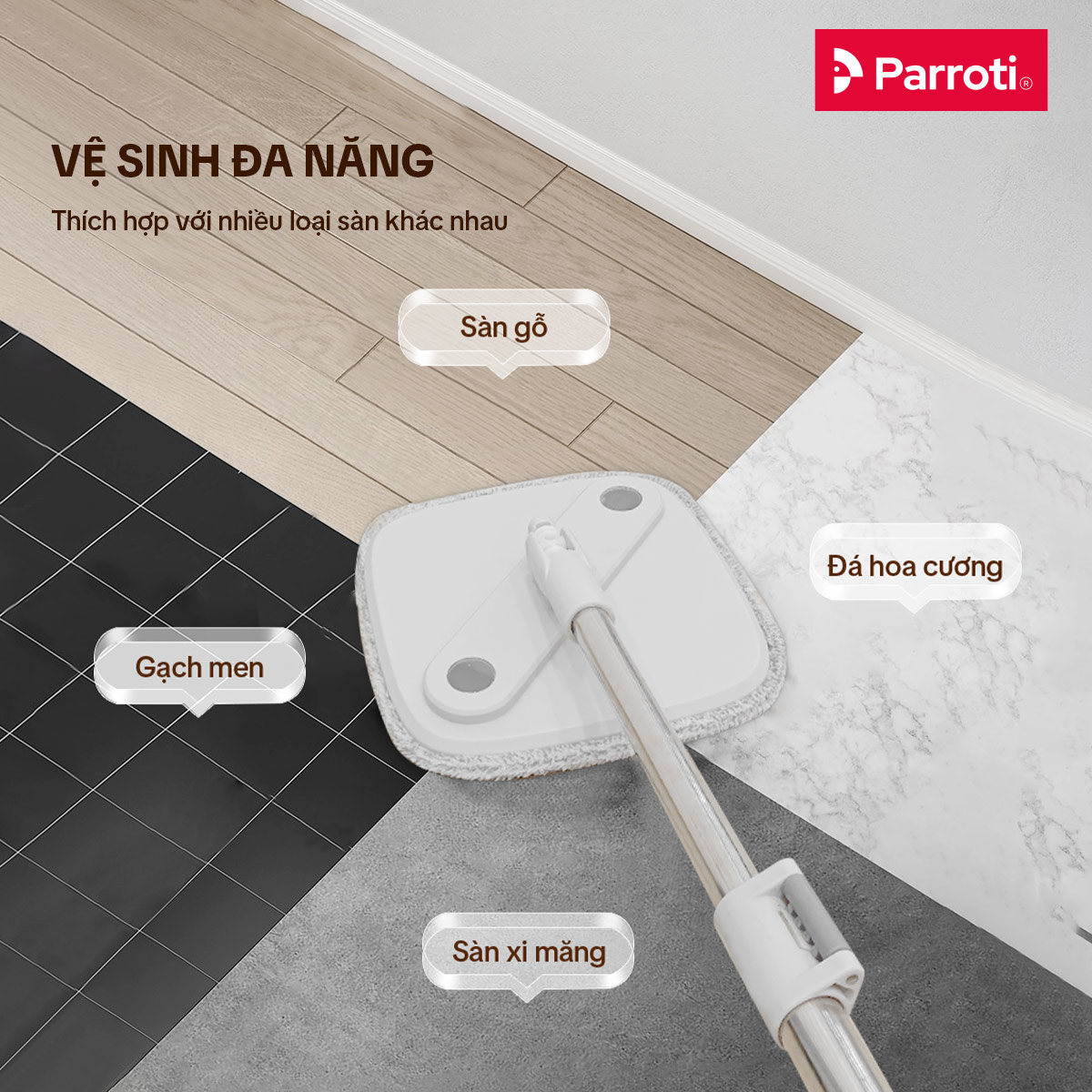 Cây lau nhà tách nước bẩn, bộ lau nhà tự vắt xoay 360 độ, chổi lau nhà thông minh Parroti Spin - SA01