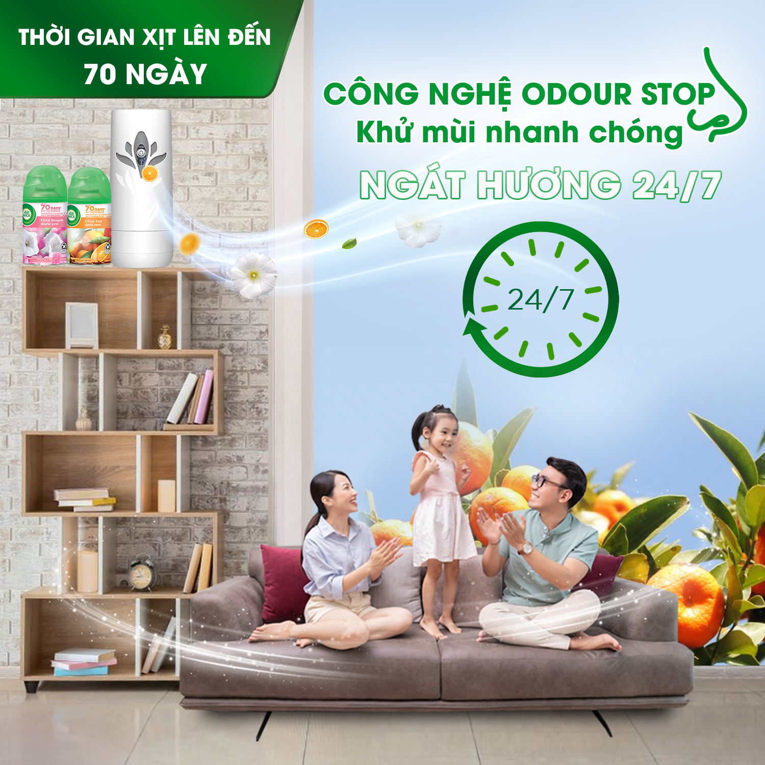Bộ máy xịt phòng tự động Air Wick Cam quýt + Lõi hương bách hoa,UK, đắm say trong hương ngàn hoa, ngát hương 24/7