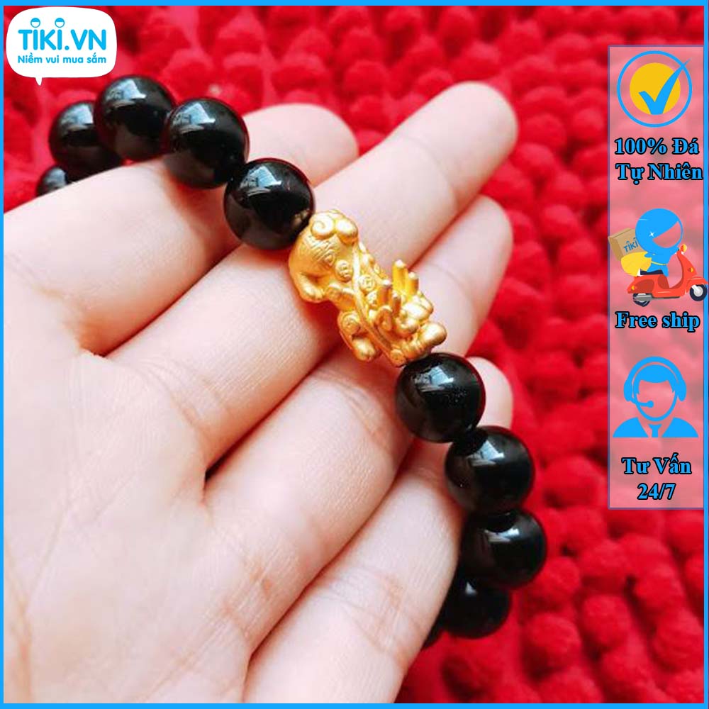 Vòng tay phong thủy nam nữ - Vòng đá mã não đen tỳ hưu vàng - Vòng phong thủy cho người mệnh mộc thủy