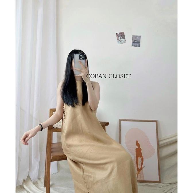 Đầm midi suông sát nách phối nút bọc