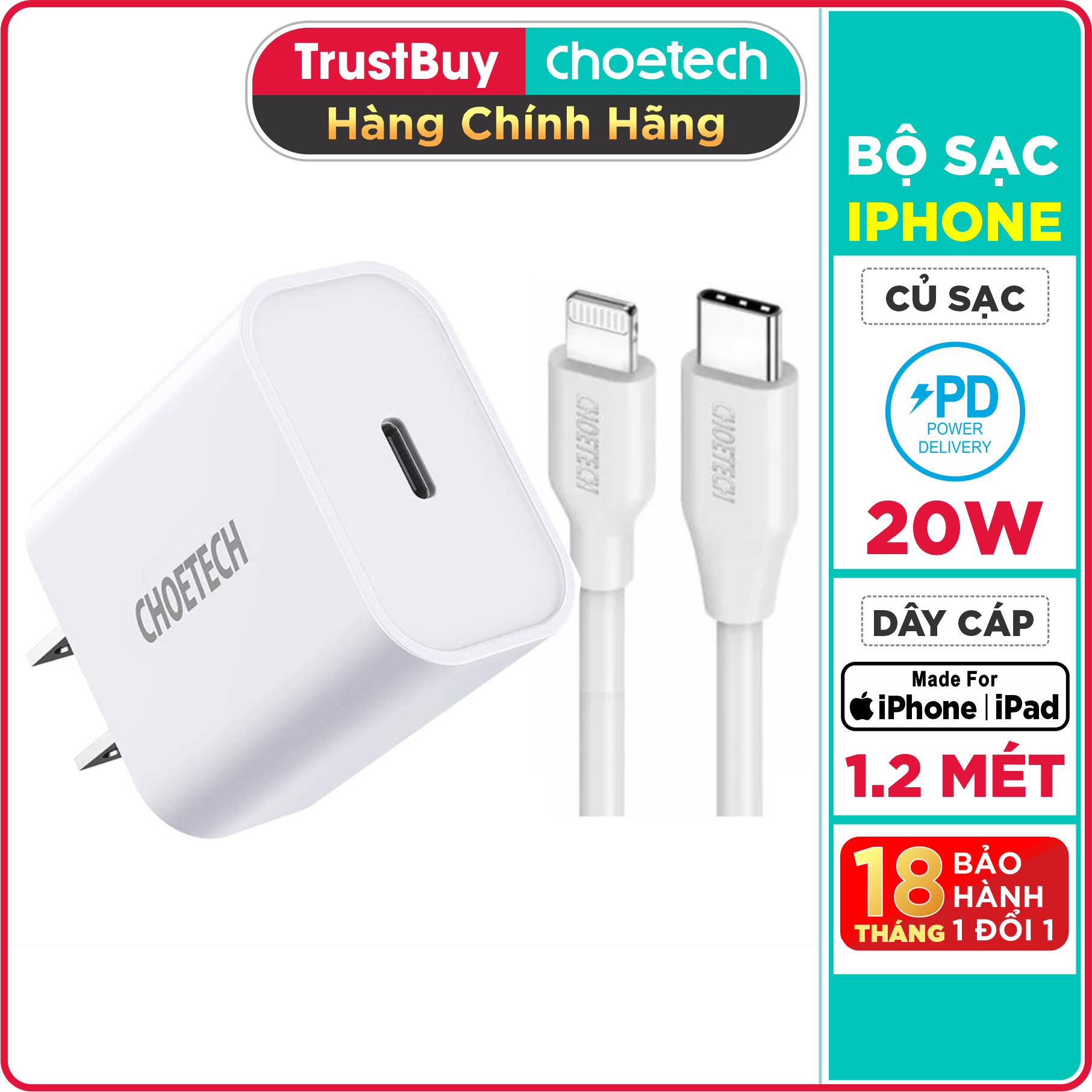 Hình ảnh Bộ Củ Sạc Nhanh 20W Cho iPhone iPad CHOETECH PD5005 Kèm Cáp C to Lightning Chứng Nhận MFI Dài 1.2M IP0040 - Hàng Chính Hãng