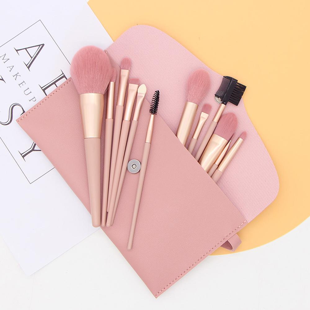 Bộ cọ trang điểm 12 cây với kích thước khác nhau kèm túi đựng bằng da PU màu hông xinh xắn