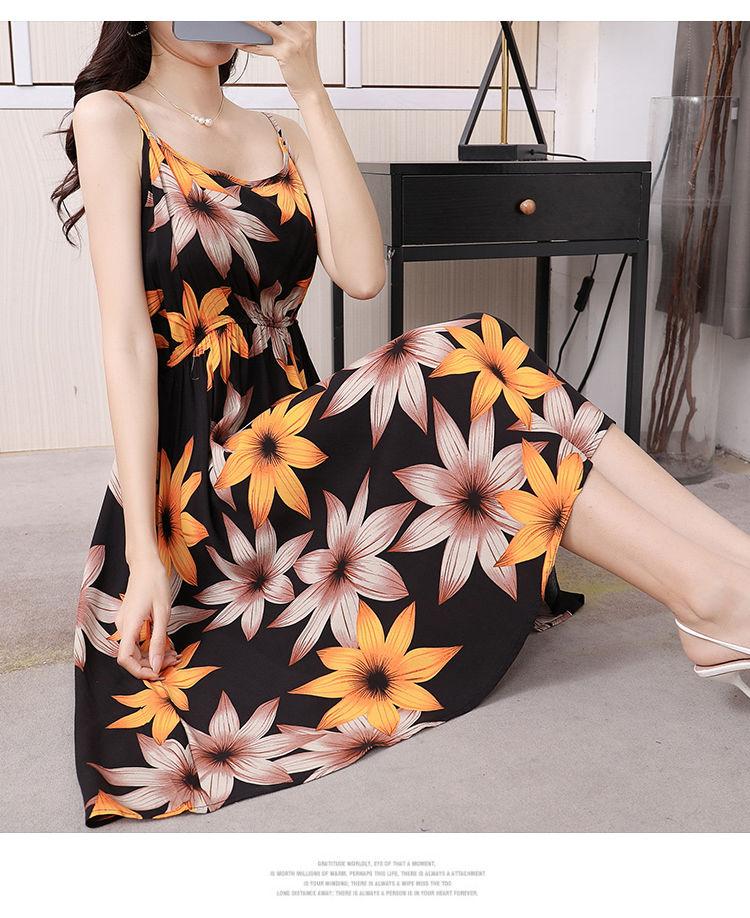 DONGSHOP Mùa hè 2023 Hàn Quốc phiên bản có thể điều chỉnh treo vest đầm mỏng mỏng trung bình dài hoa bãi biển váy