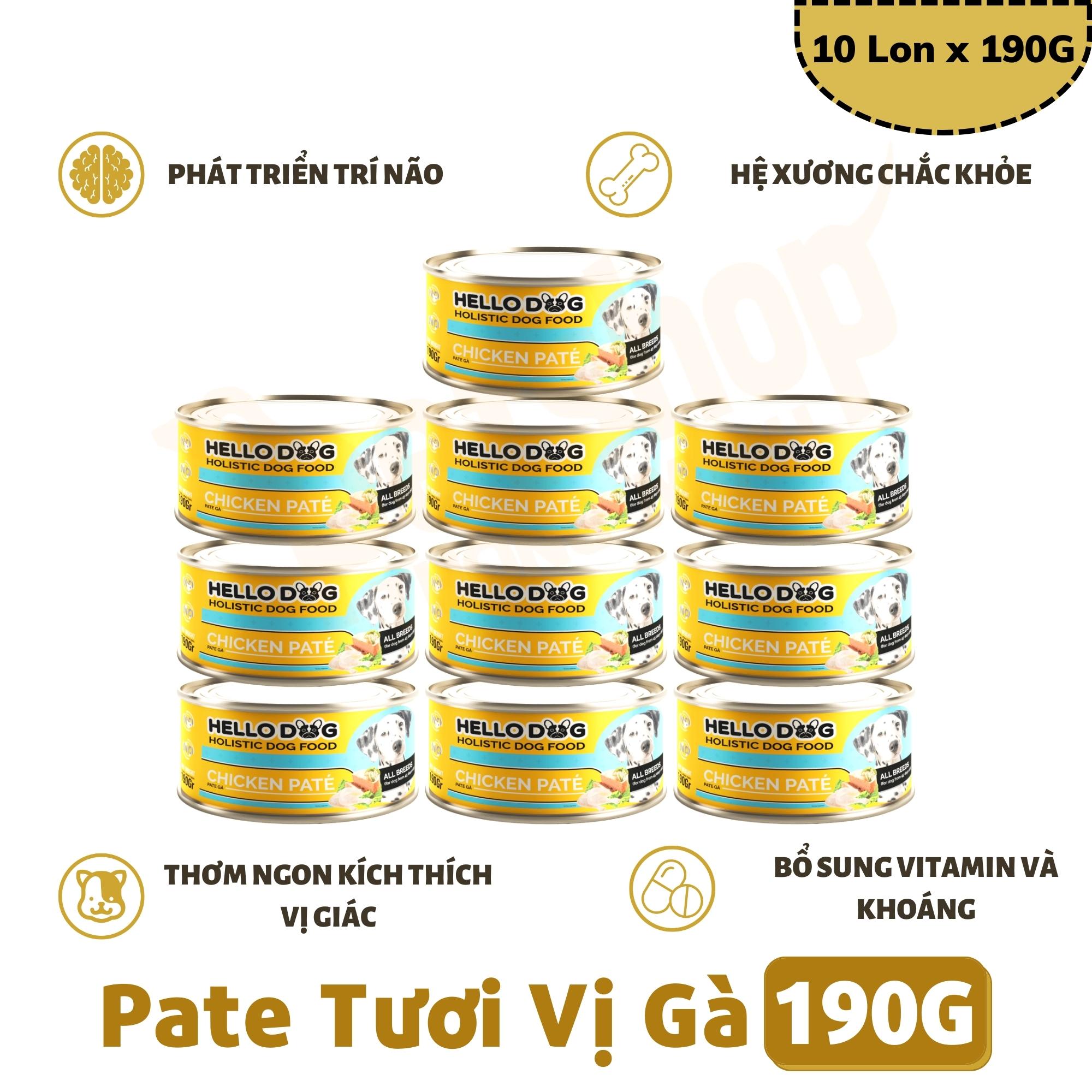 (Combo 10 Lon) Pate Tươi Dành Cho Tất Cả Các Giống Chó Ở Mọi Độ Tuổi Hương Vị Gà Thơm Ngon Dễ Ăn Bắt Vị - Hello Dog Chicken Pate 190G