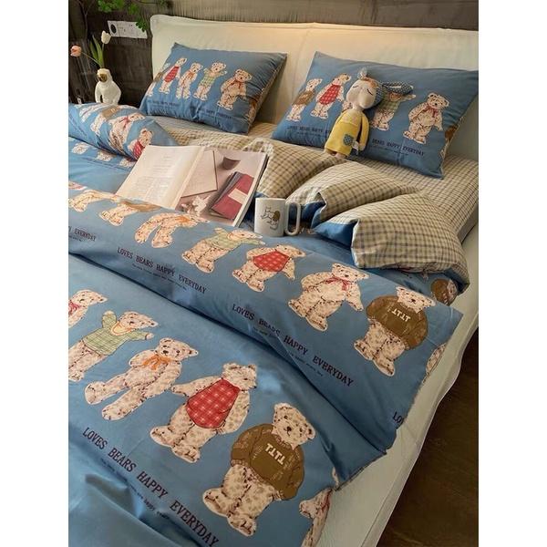 Bộ Chăn Ga Gối Cotton Living 100%cotton Hàng Nhập Khẩu Cao Cấp 4 Món Gấu Teddy
