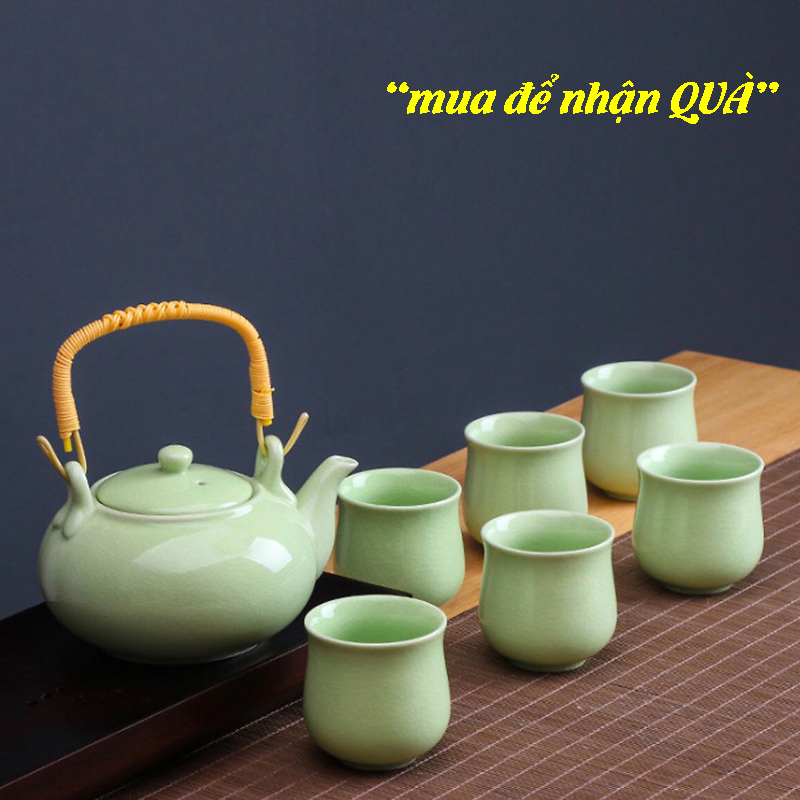 Bộ bình trà Ngọc Lộ Khai Tâm 1 bình 6 tách chất liệu đất cao lanh và men tráng sứ PK000567