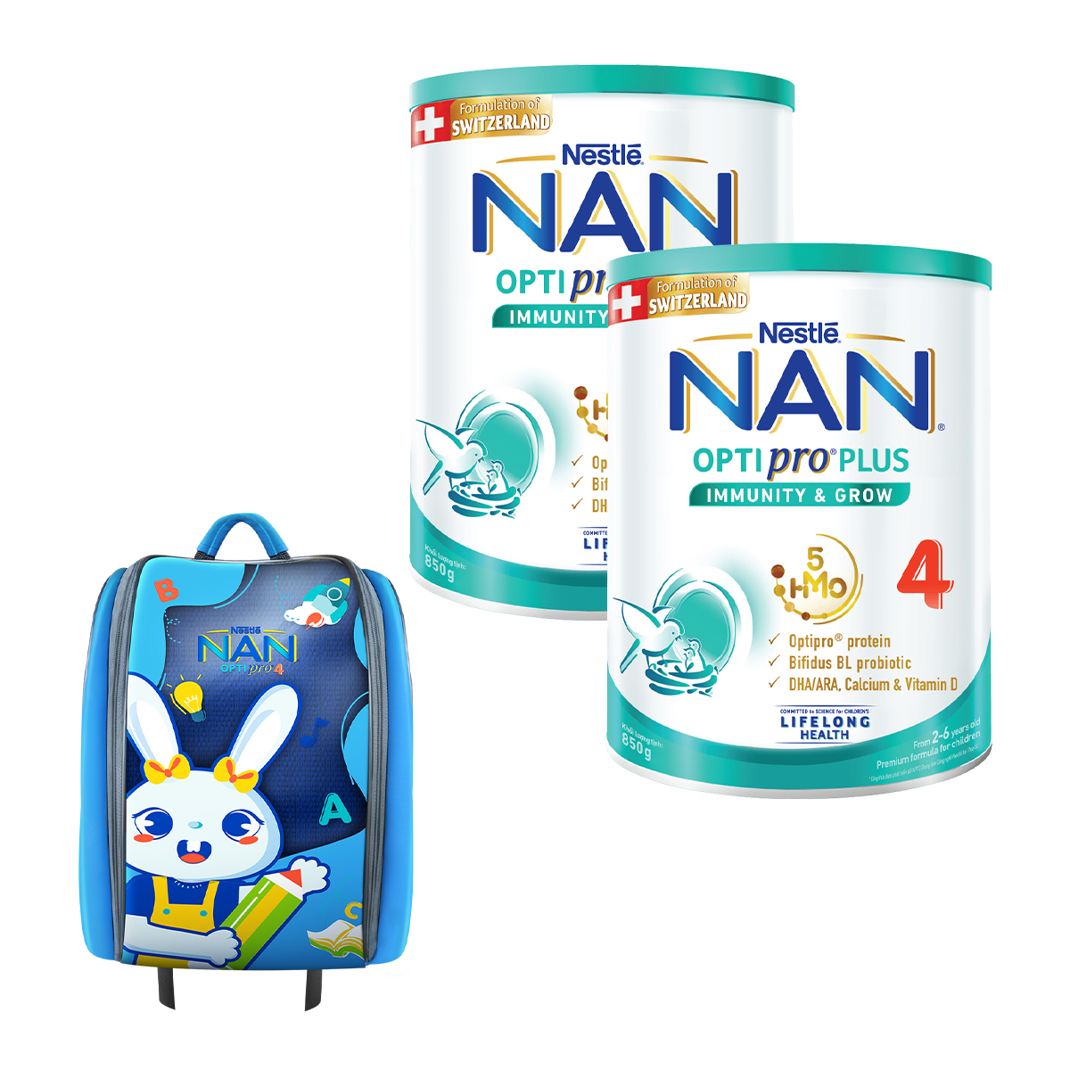 Bộ 2 lon Sữa bột Nestlé NAN OPTIPRO PLUS 4 850g/lon với 5HMO Giúp tiêu hóa tốt - Tăng cường đề kháng + Tặng Balo con thỏ