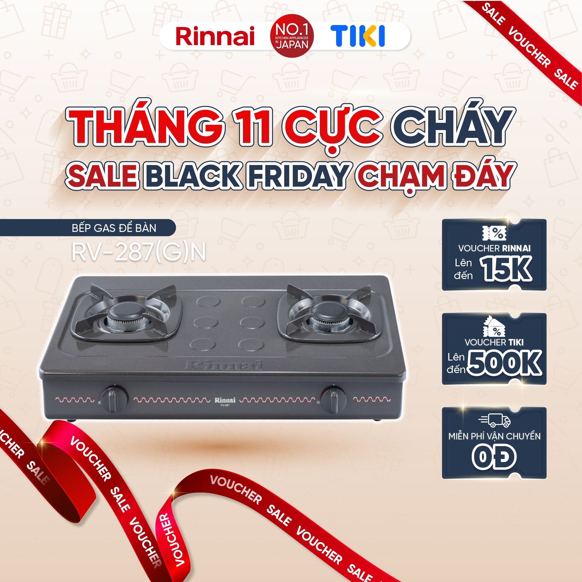 Bếp gas dương Rinnai RV-287(G)N mặt bếp men và kiềng bếp men - Hàng chính hãng.