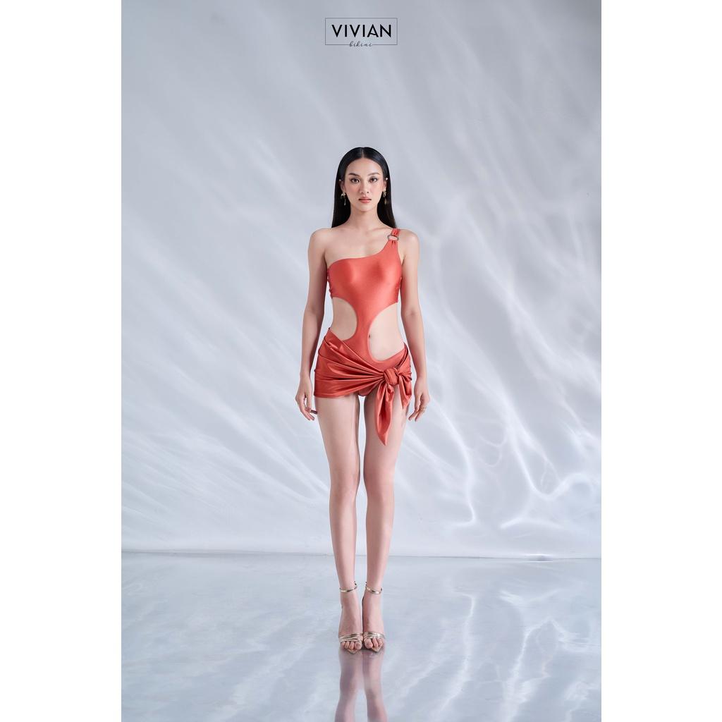 Đồ bơi nữ cao cấp dạng một mảnh lệch vai cutout & phối váy cover cách điệu - Hồng - VS175_BR